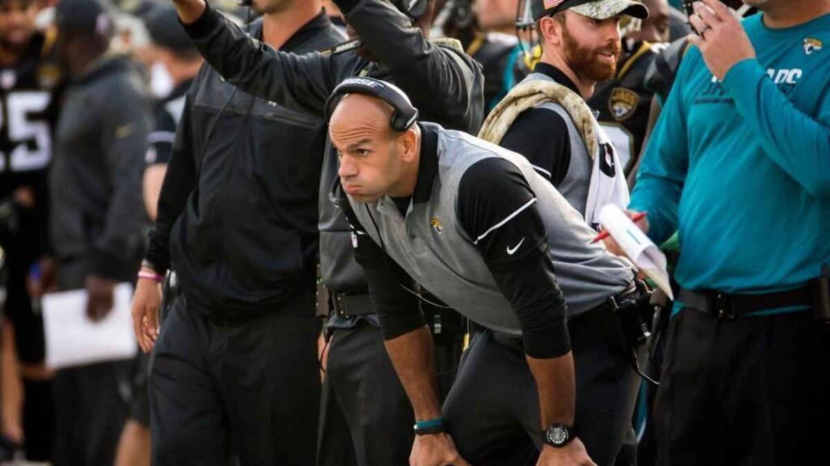 Jacksonville Jaguars linebackers coach Robert Saleh reacts to a play on the sidelines during the second half of an NFL football game, Sunday, Nov. 13, 2016, in Jacksonville, Fla. The Texans beat the Jaguars 24-21.