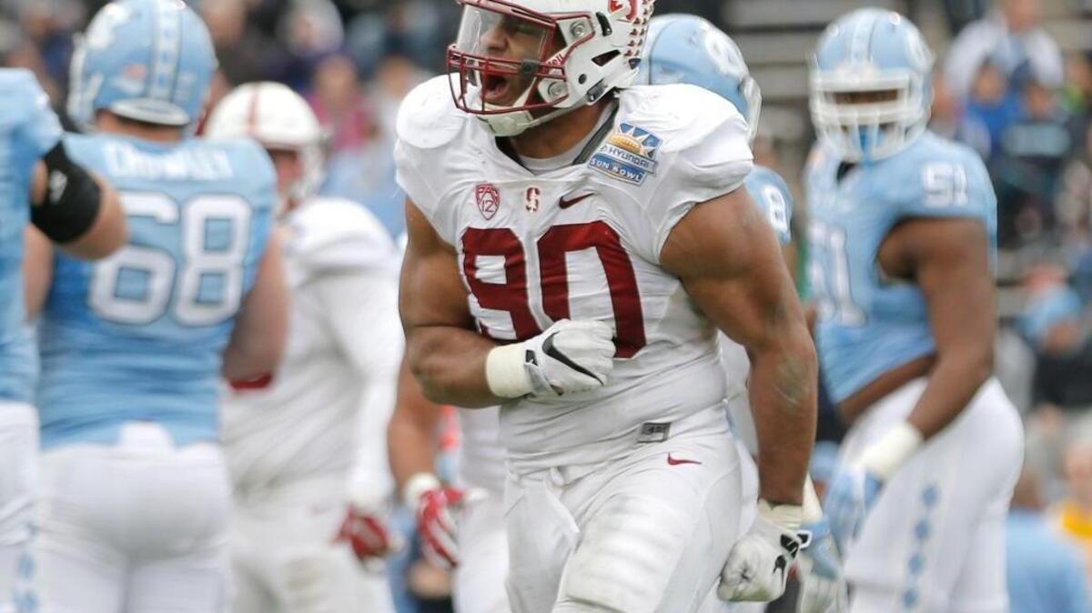 Stanford defensive lineman Solomon Thomas celebrates after sacking North Carolina quarterback Mitch Trubisky during the second half of the Sun Bowl NCAA college football game, Friday, Dec. 30, 2016, in El Paso, Texas.