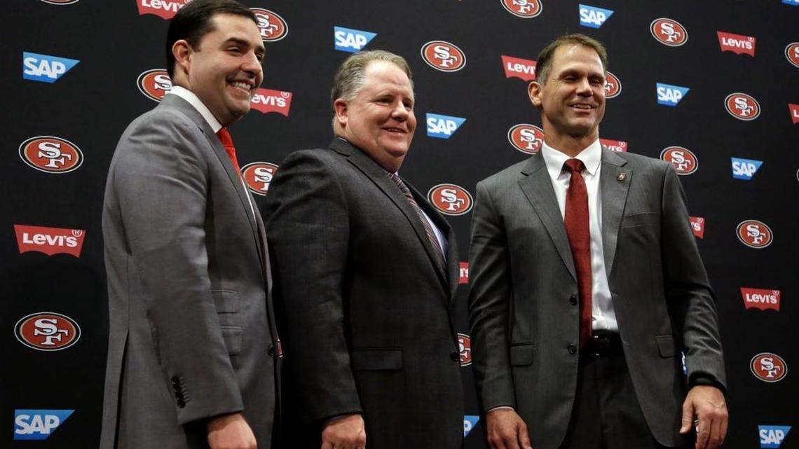 CEO Jed York, left, got a vote of confidence from his father on Sunday. Coach Chip Kelly, center, and general manager Trent Baalke are definitely on the hot seat, however.