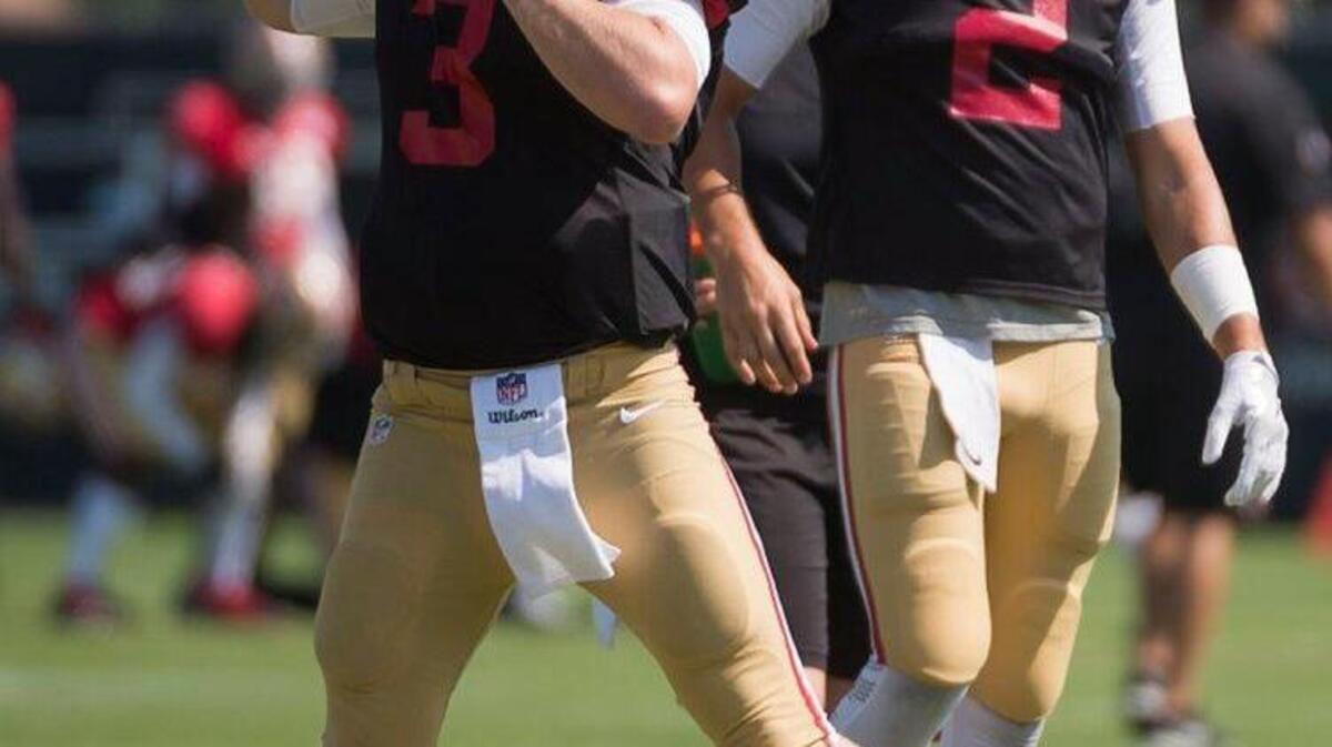 Quarterback C. J. Beathard drops back for a passing drill during the San Francisco 49ers training camp at Levi's Stadium on Tuesday August 8, 2017 in Santa Clara, Calif.