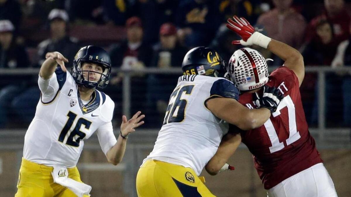 California quarterback Jared Goff (16) throws against Stanford during the second half of an NCAA college football game Saturday, Nov. 21, 2015, in Stanford, Calif.