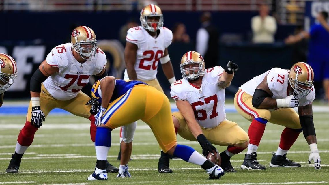 
Daniel Kilgore (67) gets ready to snap the ball against the St. Louis Rams during the 2014 season.

