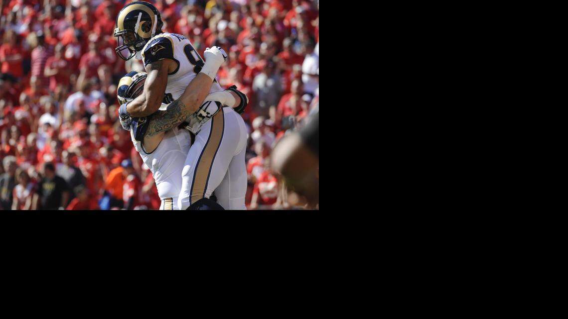 
St. Louis Rams tight end Lance Kendricks (88) celebrates his touchdown catch against the Kansas City Chiefs during an NFL football game Sunday, Oct. 26, 2014, in Kansas City.
