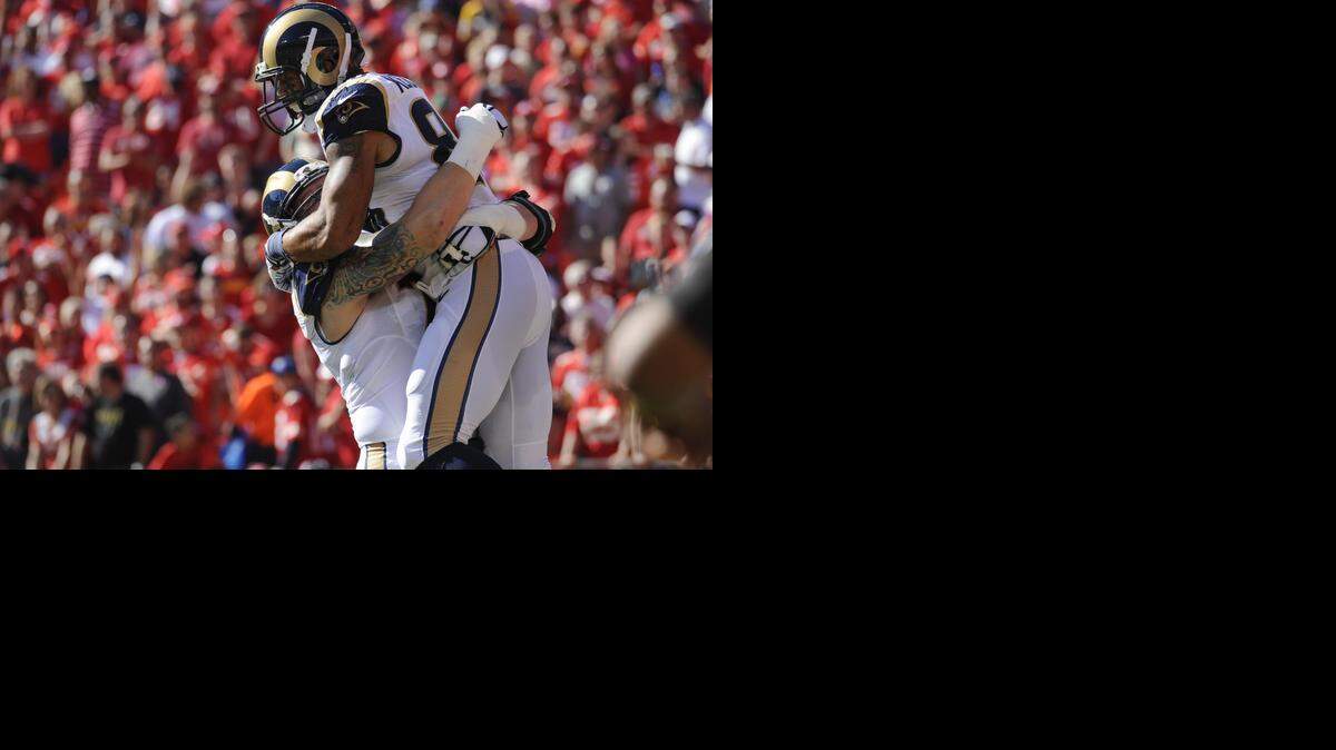 
St. Louis Rams tight end Lance Kendricks (88) celebrates his touchdown catch against the Kansas City Chiefs during an NFL football game Sunday, Oct. 26, 2014, in Kansas City.
