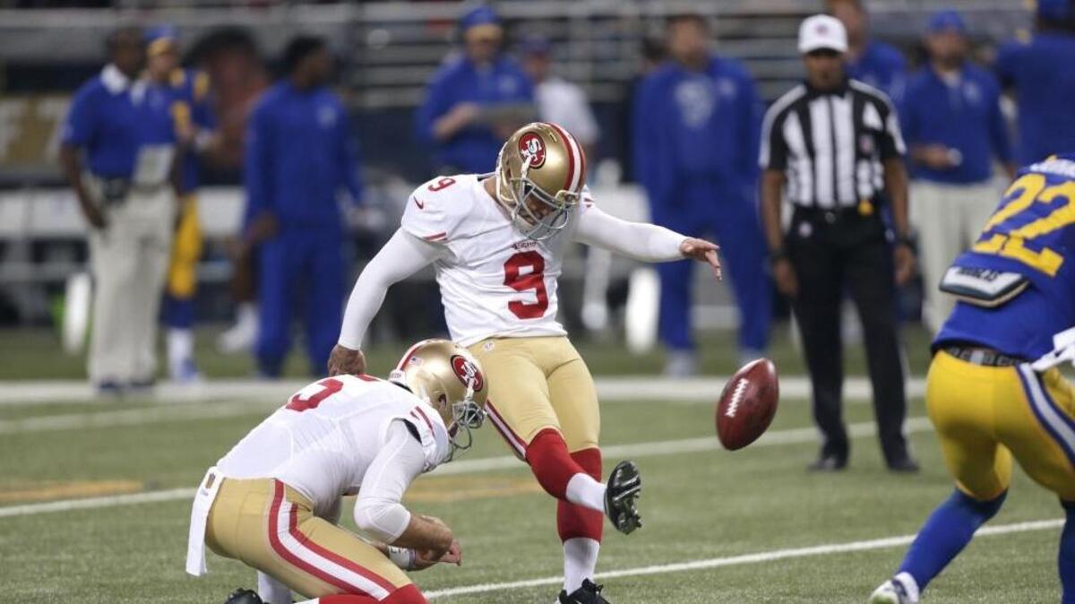 San Francisco 49ers kicker Phil Dawson kicks a 54-yard field goal during the first quarter of an NFL football game against the St. Louis Rams on Nov. 1, 2015, in St. Louis. The 49ers hope they get more offense than the two Dawson field goals in that game as they take on the Atlanta Falcons on Sunday, Nov. 8, 2015.
