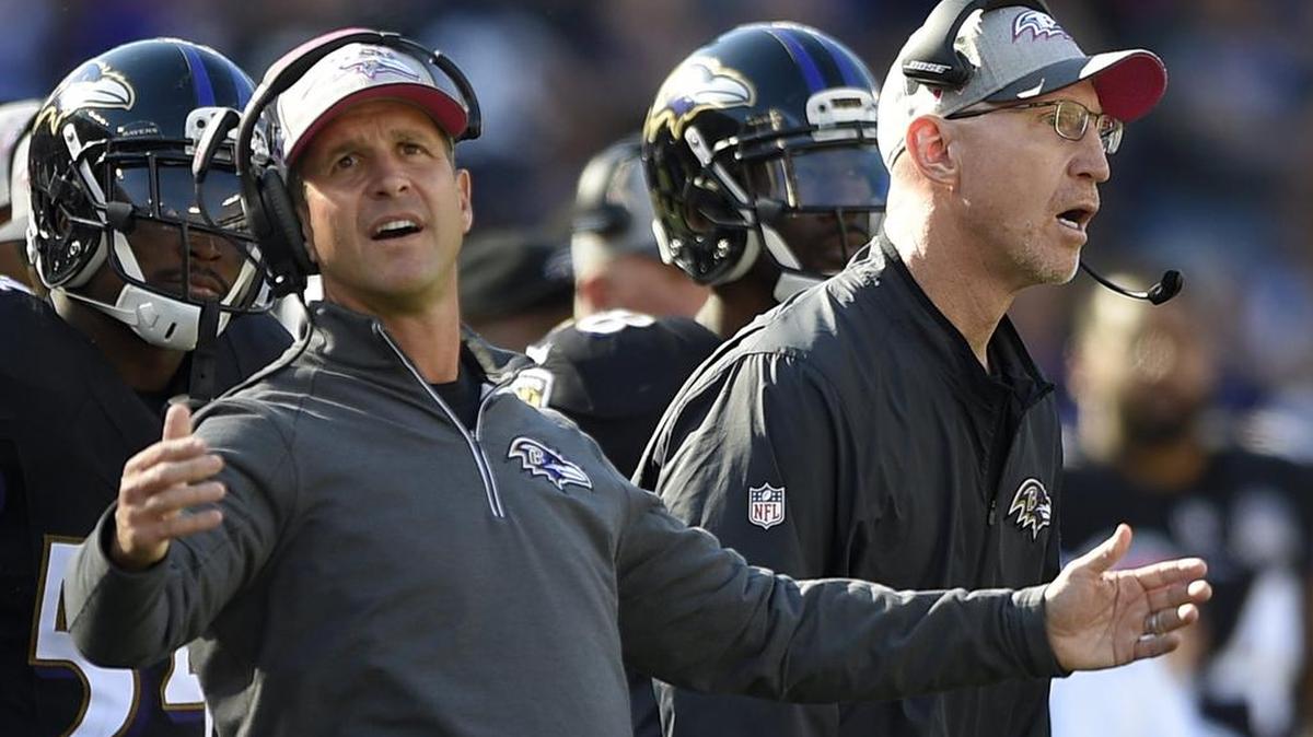 
Baltimore Ravens head coach John Harbaugh, left, and special teams coordinator/associate head coach Jerry Rosburg react to a penalty call in the second half of an NFL football game against the Cleveland Browns, Sunday, Oct. 11, 2015, in Baltimore.
