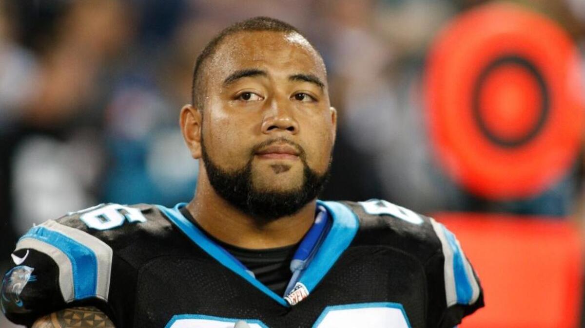 Amini Silatolu, 27, is a former second-round draft pick who has started 28 games for the Panthers and whose athleticism presumably would make him a good fit for new 49ers coach Chip Kelly's zone-blocking scheme. ... Silatolu looks on before the Carolina Panthers met the Philadelphia Eagles in an NFL football game, Sunday, Oct. 25, 2015 in Charlotte, N.C.