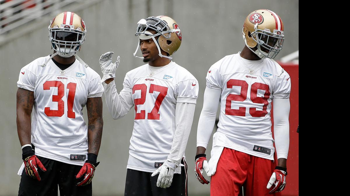 
Keith Reaser (27) and Jaquiski Tartt (29) are two options when it comes to the 49ers’ nickel position this year. Also in this photo is safety L.J. McCray (31).
