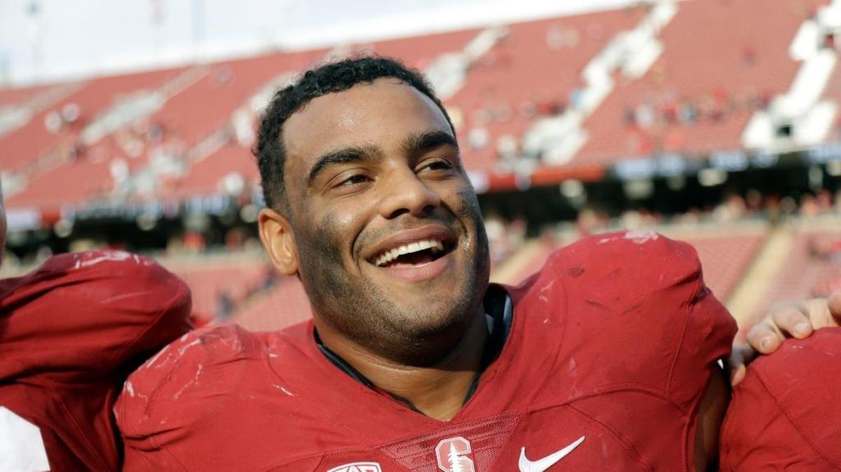 Stanford defensive end Solomon Thomas celebrates after a win over Oregon State during an NCAA college football game Saturday, Nov. 5, 2016, in Stanford, Calif. Stanford won 26-15.