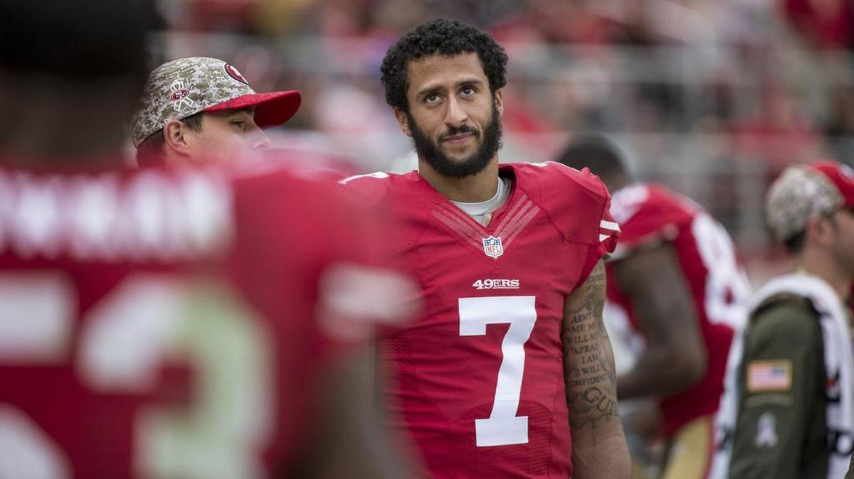 San Francisco 49ers quarterback Colin Kaepernick (7) strolls the sidelines in the first quarter in Sunday afternoons NFL football game between the San Francisco 49ers and Atlanta Falcons at Levi Stadium in Santa Clara, Calif. on November 11, 2015.