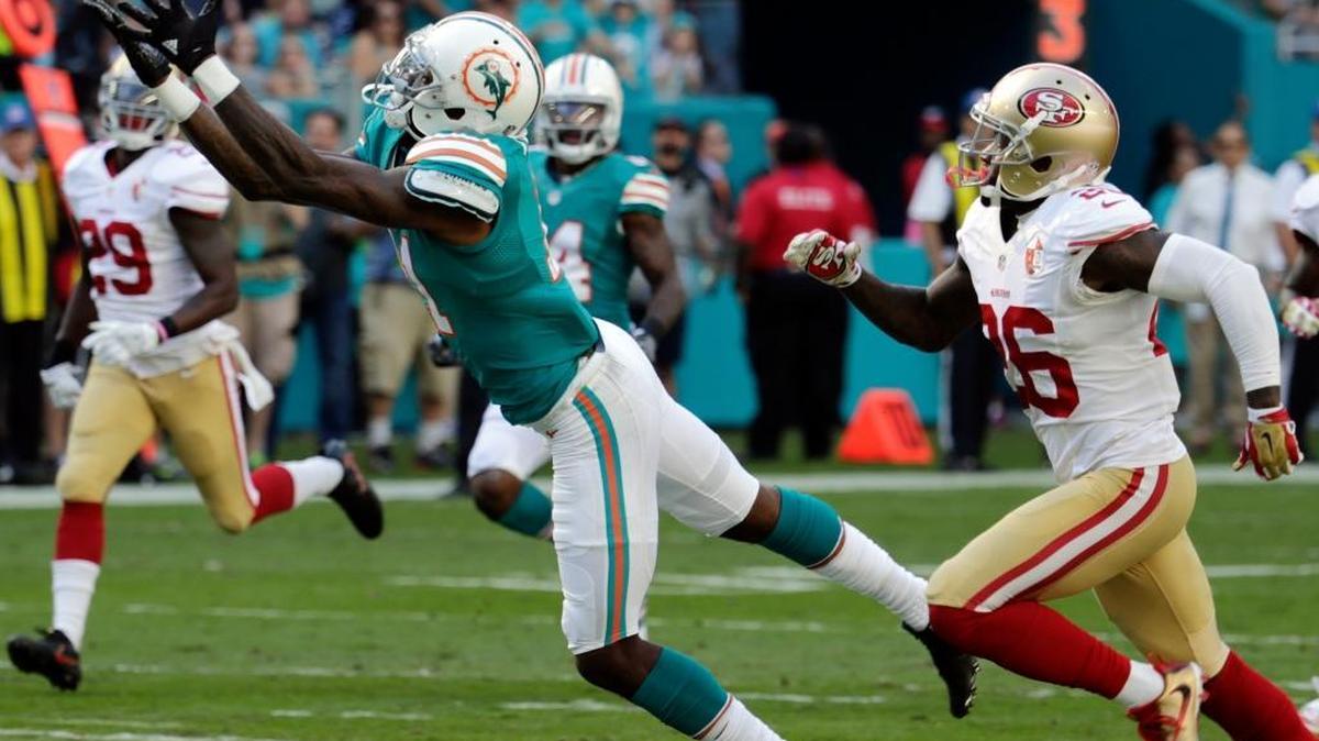 Miami Dolphins wide receiver DeVante Parker (11) catches a pass during the first half of an NFL football game against the San Francisco 49ers, Sunday, Nov. 27, 2016, in Miami Gardens, Fla.