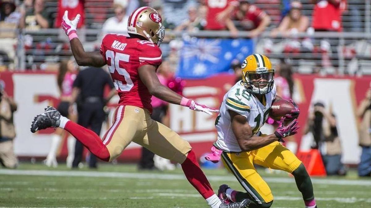 
Jimmie Ward, the 49ers’ first-round draft pick in 2014, had his busiest game of the season on Sunday as he was matched against the Packers’ slot receivers. On this play his opponent was Randall Cobb.

