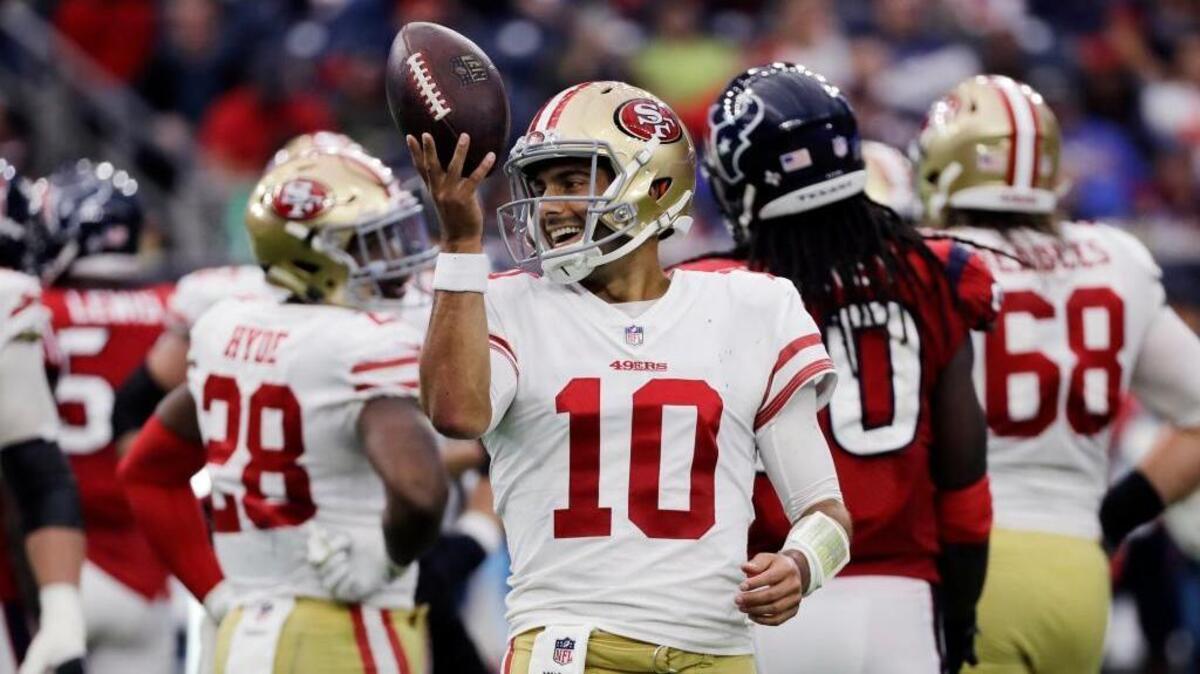 San Francisco 49ers quarterback Jimmy Garoppolo (10) smiles after a play during the second half of an NFL football game against the Houston Texans, Sunday, Dec. 10, 2017, in Houston. San Francisco won 26-16.
