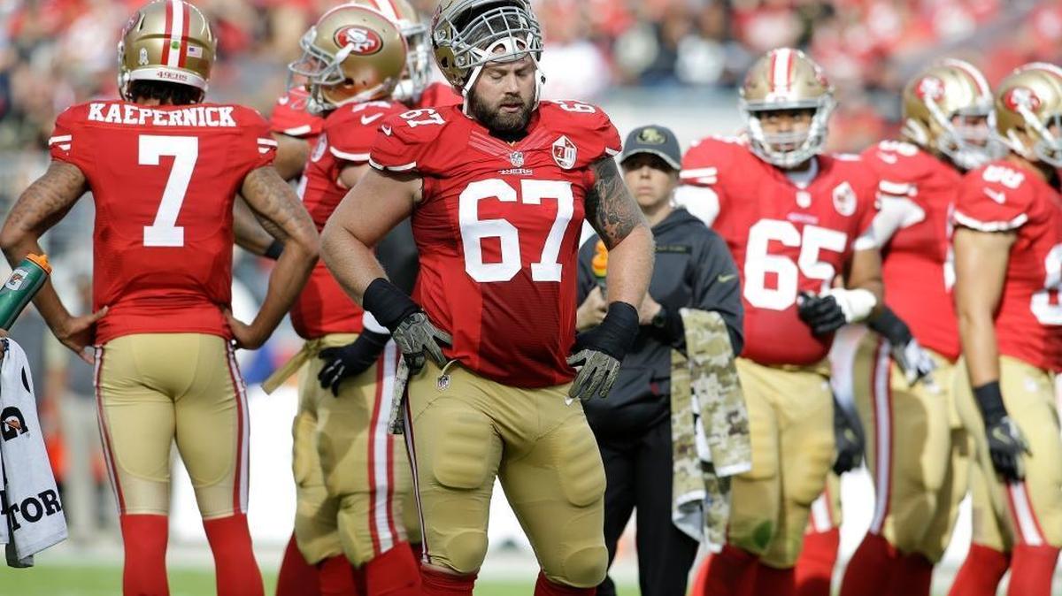 San Francisco 49ers center Daniel Kilgore (67) during the first half of an NFL football game against the New Orleans Saints Sunday, Nov. 6, 2016, in Santa Clara, Calif.