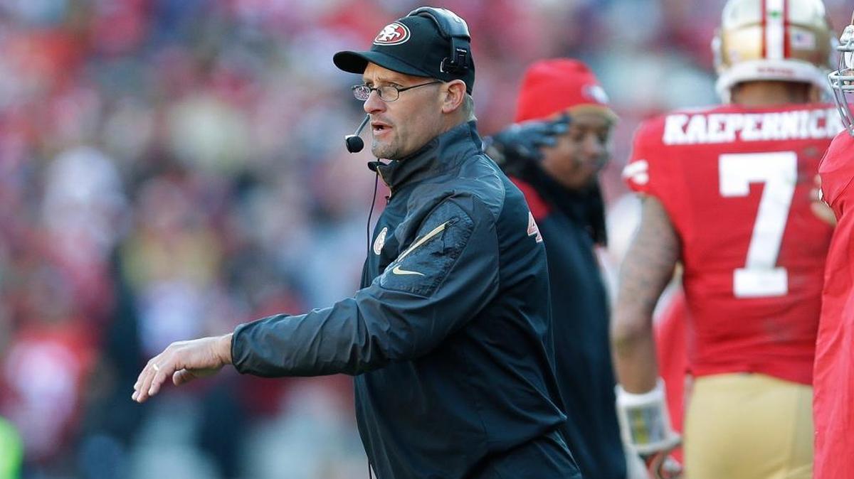 San Francisco 49ers running backs coach Tom Rathman calls to his team in the first half of an NFL football game against the Seattle Seahawks, Sunday, Dec. 8, 2013, in San Francisco.