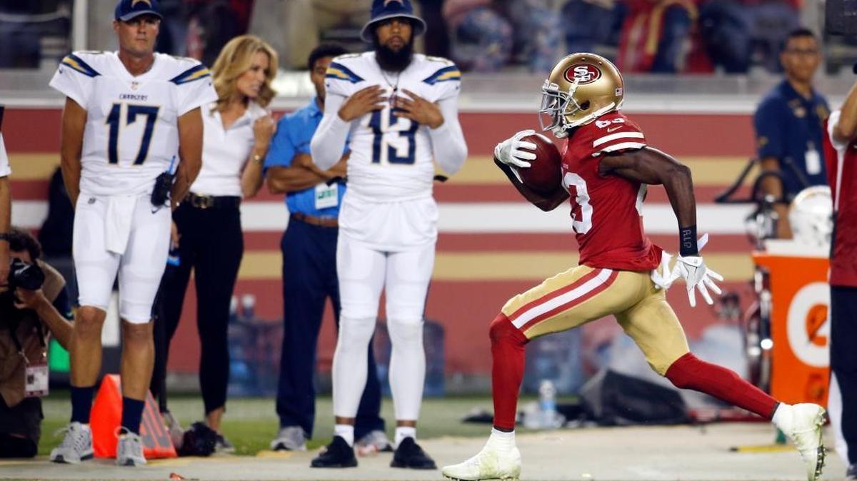 The 49ers' Victor Bolden Jr., right, has been suspended without pay for the first four games for violating the NFL's performance-enhancing substances policy.