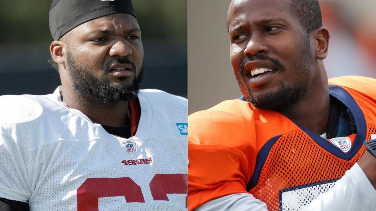 
The 49ers Tony Jerod-Eddie, left, and Denver’s Von Miller played for same football team in DeSoto, Texas.
