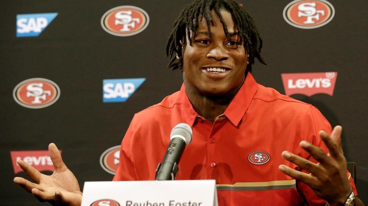 San Francisco 49ers draft pick Reuben Foster answers questions at a news conference in Santa Clara, Calif., Friday, April 28, 2017.