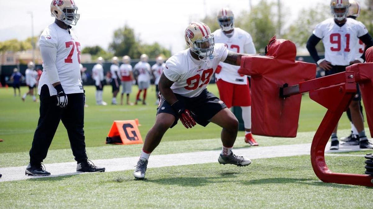 San Francisco 49ers defensive lineman DeForest Buckner (99) goes through drills during an NFL football practice Thursday, June 9, 2016, in Santa Clara, Calif.