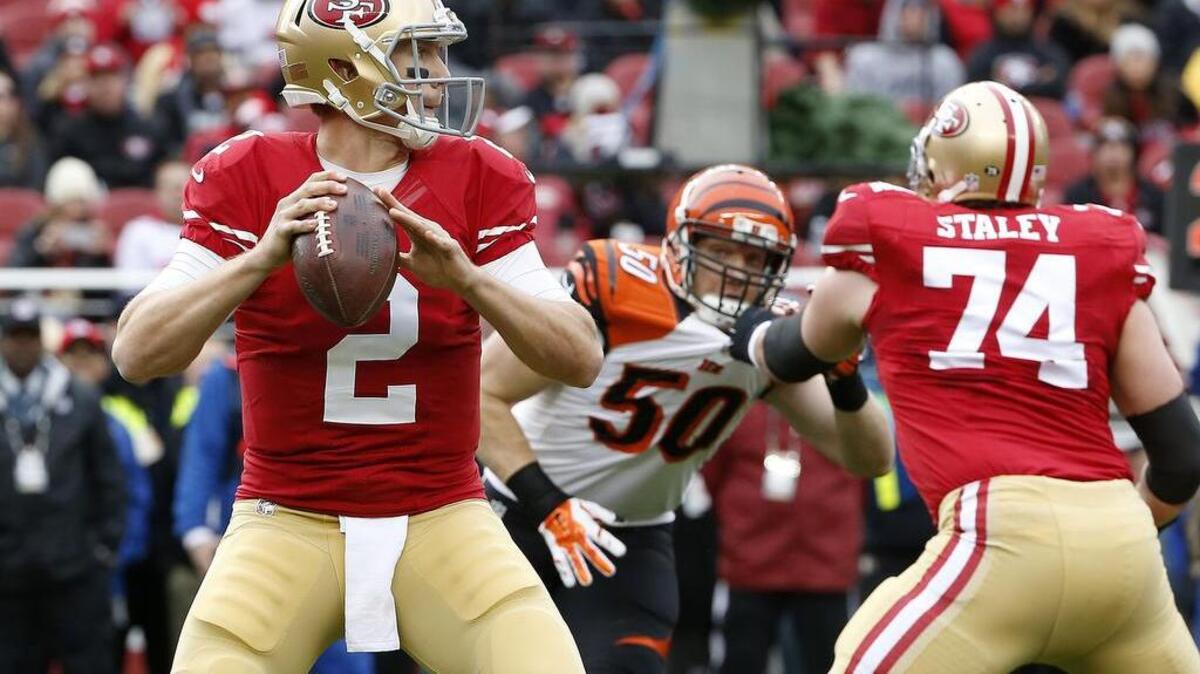San Francisco 49ers quarterback Blaine Gabbert (2) passes against the Cincinnati Bengals during the first half of an NFL football game in Santa Clara, Calif., Sunday, Dec. 20, 2015.