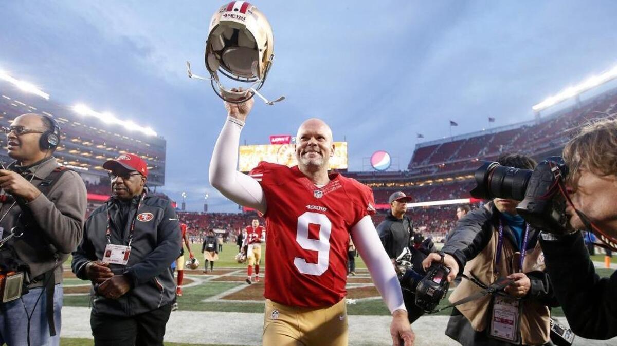 San Francisco 49ers kicker Phil Dawson (9) smiles after an NFL football game against the St. Louis Rams in Santa Clara, Calif., Sunday, Jan. 3, 2016. The 49ers won 19-16 in overtime.