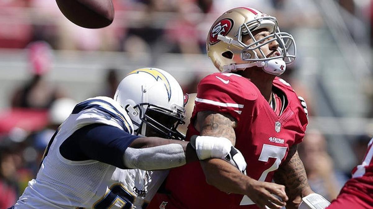 The 49ers’ Colin Kaepernick has been sacked more than only one other quarterback -- Seattle’s Russell Wilson -- this season.
