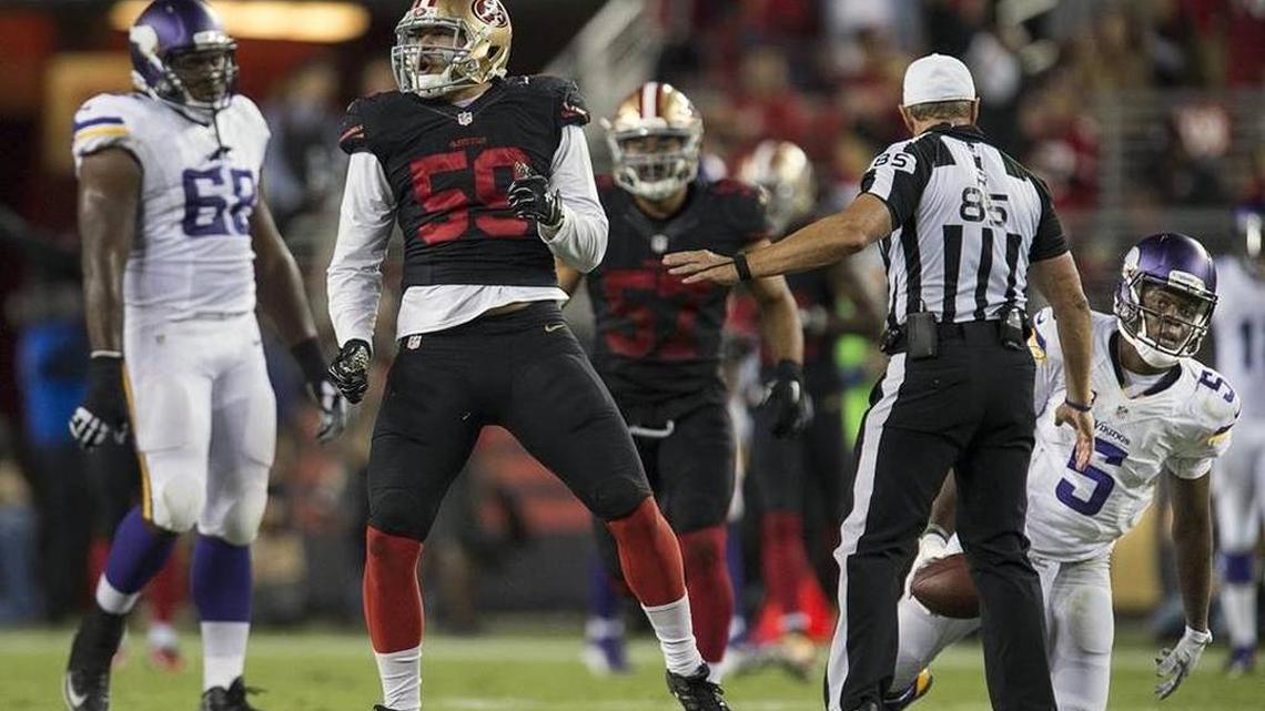 Aaron Lynch, seen in Week 1 of the 2015 season, is not in peak condition but is in better shape than he was last year at this time.