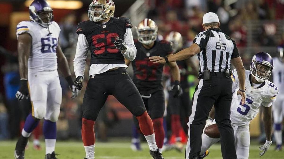 Aaron Lynch, seen in Week 1 of the 2015 season, is not in peak condition but is in better shape than he was last year at this time.