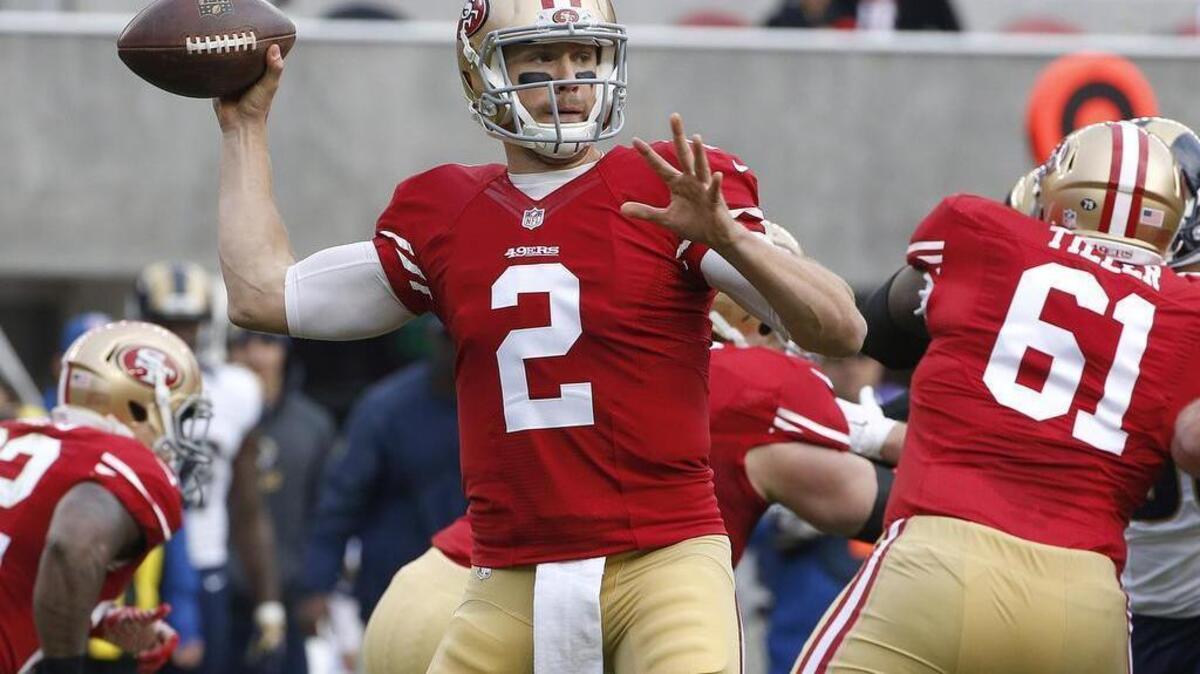 Blaine Gabbert (2) passes against St. Louis during the first half in Santa Clara, Calif., Sunday, Jan. 3, 2016. Gabbert finished the game with 354 pssing yards, his biggest output as a 49er.