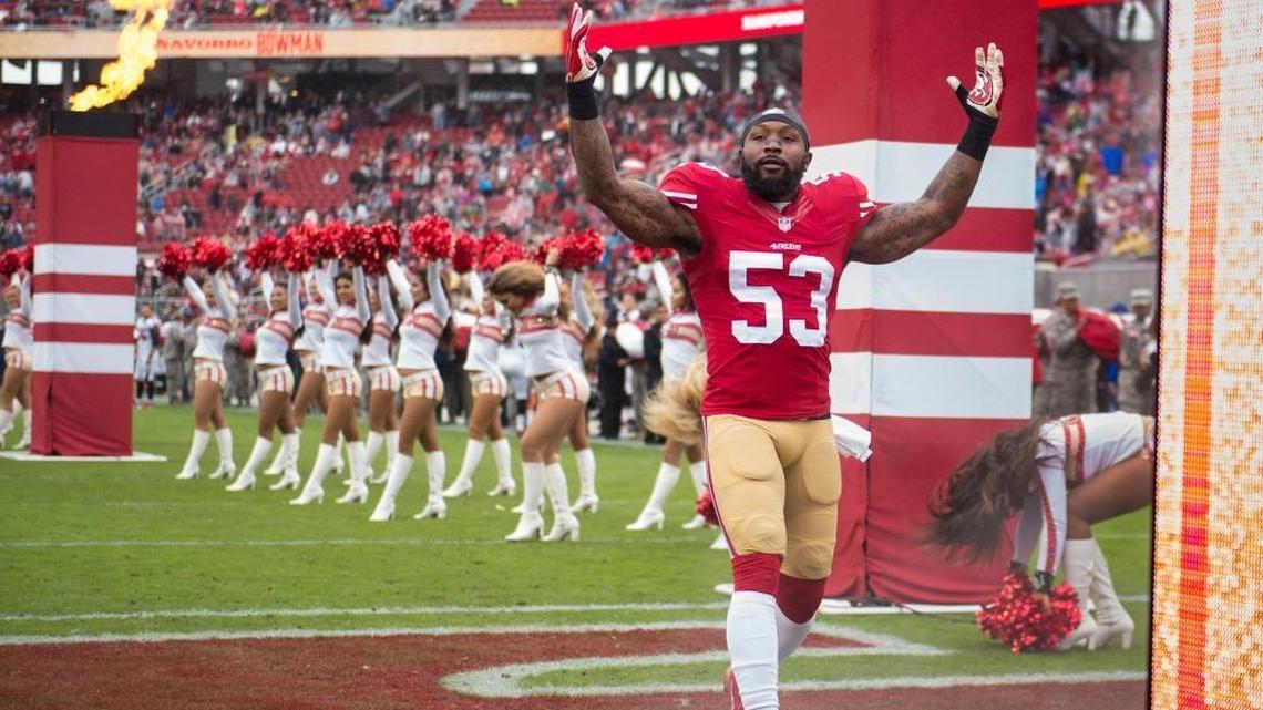 San Francisco 49ers inside linebacker NaVorro Bowman (53) is introduced before an NFL football game against the Atlanta Falcons on Sunday, Nov. 11, 2015 at at Levi Stadium in Santa Clara.