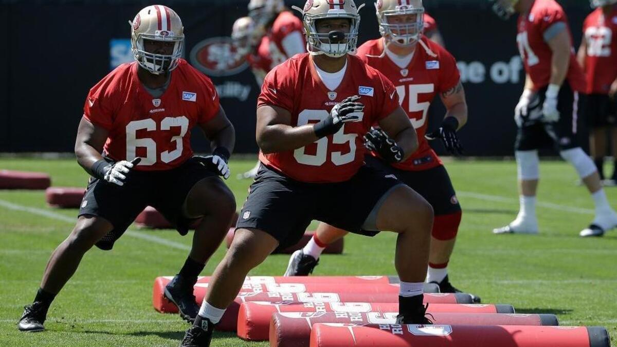 San Francisco 49ers offensive linemen Norman Price (63), Joshua Garnett (65) and Colin Kelly perform a drill during an NFL football practice in Santa Clara, Calif., Wednesday, June 8, 2016.
