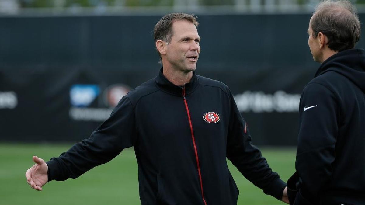 San Francisco 49ers general manager Trent Baalke gestures while speaking during an NFL football rookie minicamp in Santa Clara, Calif., Saturday, May 7, 2016.