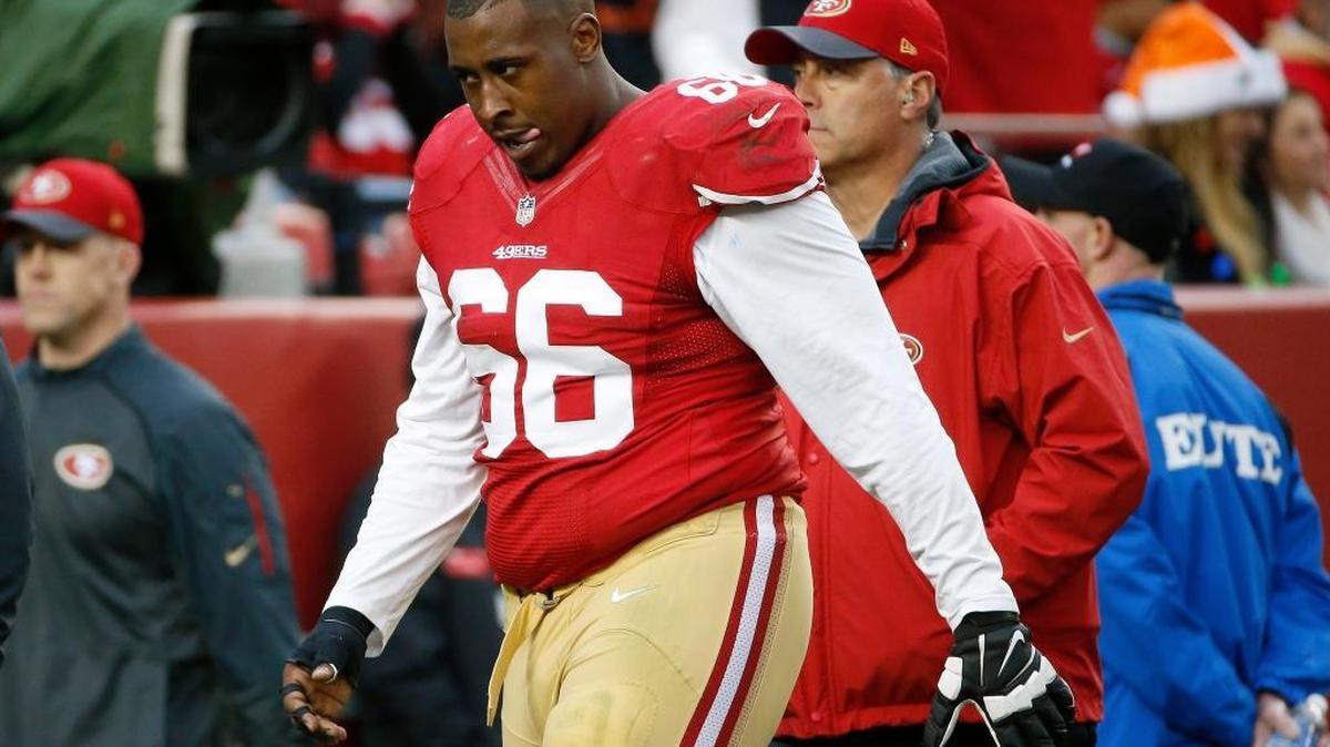 San Francisco 49ers center Marcus Martin (66) walks off the field during the second half of an NFL football game against the Cincinnati Bengals in Santa Clara, Calif., Sunday, Dec. 20, 2015.