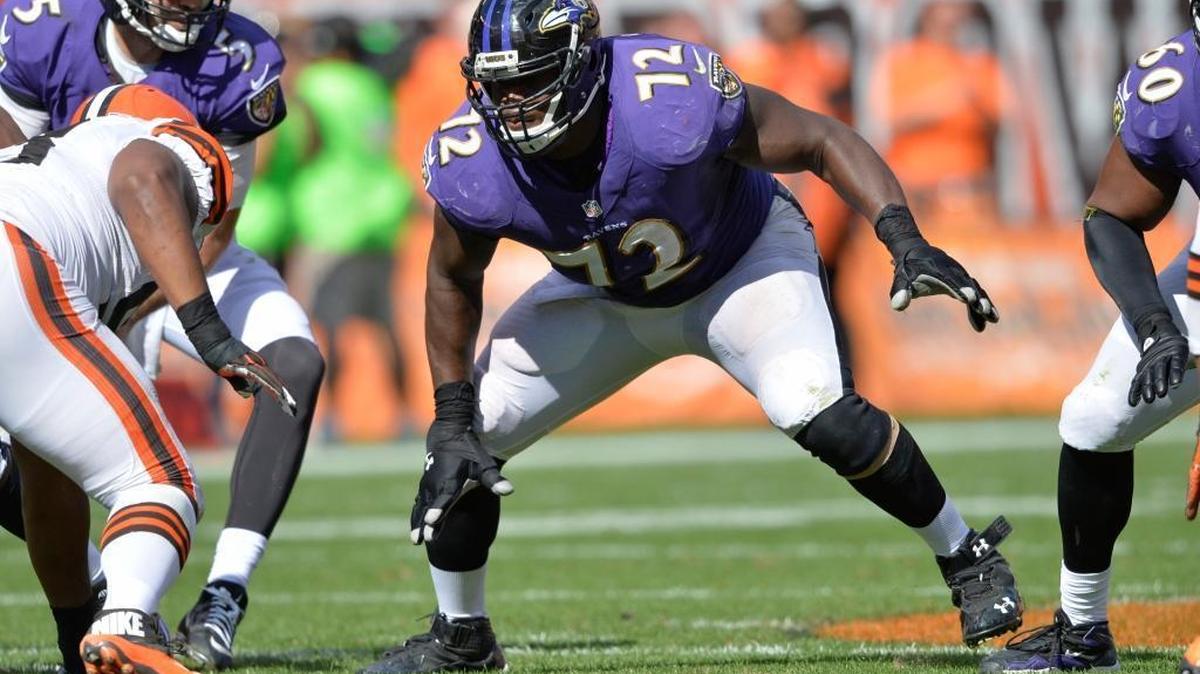 Baltimore Ravens guard Kelechi Osemele (72) blocks during an NFL football game against the Cleveland Browns Sunday, Sept. 21, 2014, in Cleveland. Baltimore won 23-21.