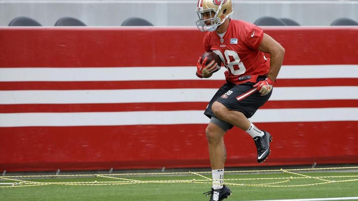 
San Francisco running back Jarryd Hayne, a former Australian League rugby player, participates in the 49ers’ minicamp in Santa Clara in June.
