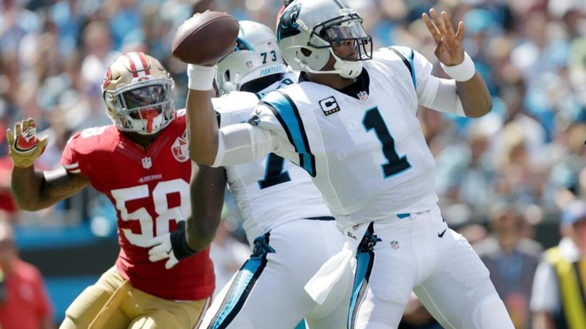 Carolina Panthers quarterback Cam Newton (1) passes against the 49ers on Sept. 18, 2016, in Charlotte, N.C. The 49ers open the 2017 season at home against the Panthers on Sept. 10.