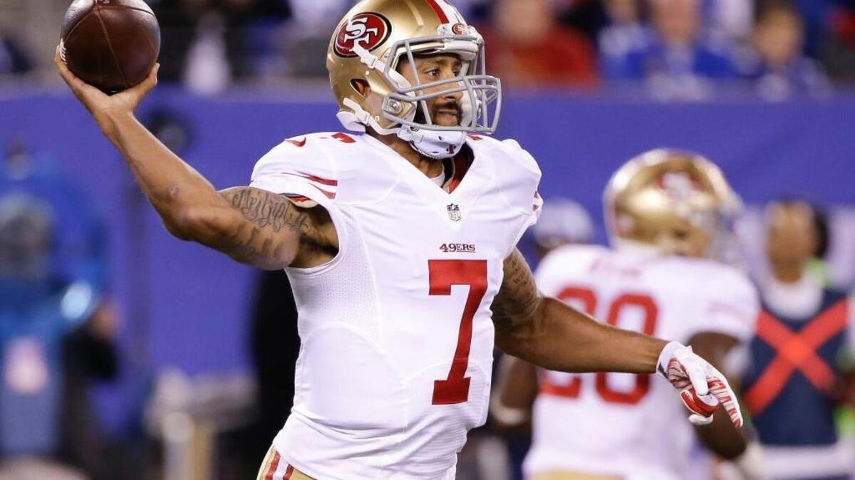 
Quarterback Colin Kaepernick (7) throws against the New York Giants during the second quarter of an NFL football game, Sunday, Oct. 11, 2015, in East Rutherford, N.J. He believes the 49ers are capable of a turnaround - of monumental proportions.
