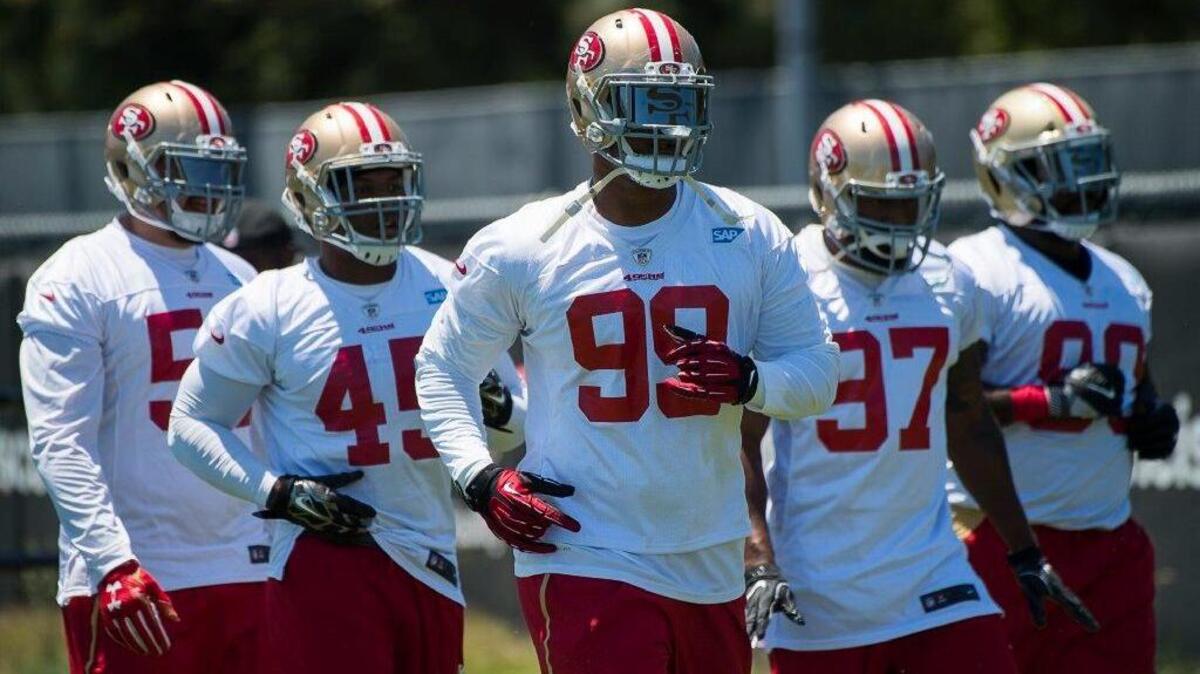 DeForest Buckner #99 runs drills during the San Francisco 49ers practice at Levi's Stadium on Tuesday June 13, 2017 in Santa Clara, Calif.