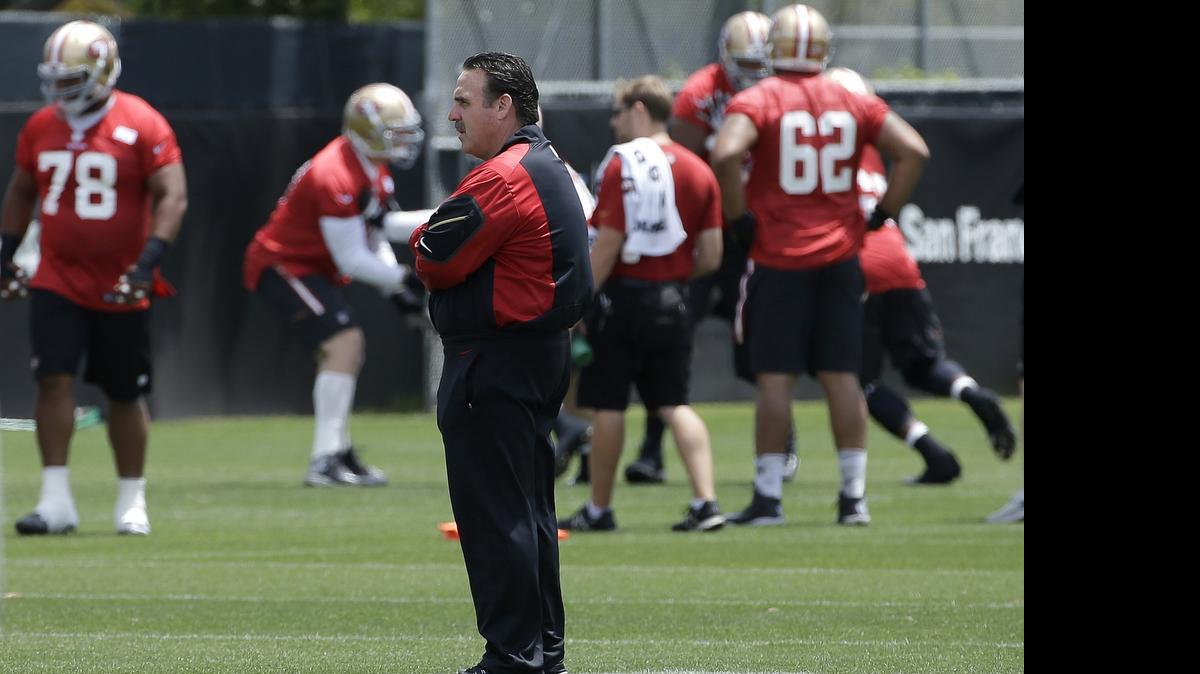
San Francisco 49ers head coach Jim Tomsula watches his team work out at the practice facility in Santa Clara, Calif., Friday, May 29, 2015.

