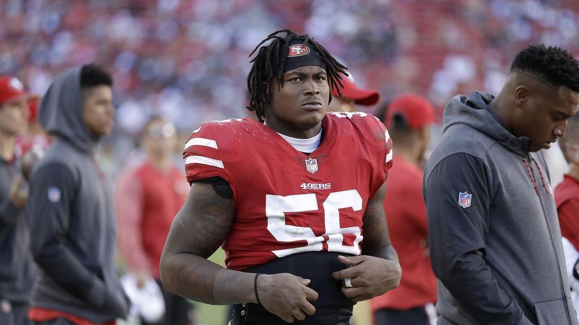 Linebacker Reuben Foster watches action between his 49ers and the Dallas Cowboys on Oct. 22, 2017, at Levi’s Stadium.