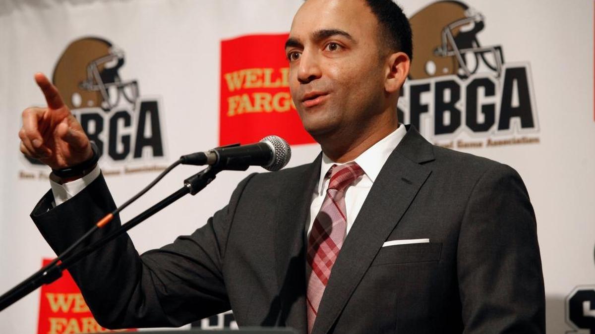 San Francisco 49ers President Paraag Marathe speaks at the annual Bay Area college football media day at Levi's Stadium on Wednesday, July 30, 2014, in Santa Clara, Calif.
