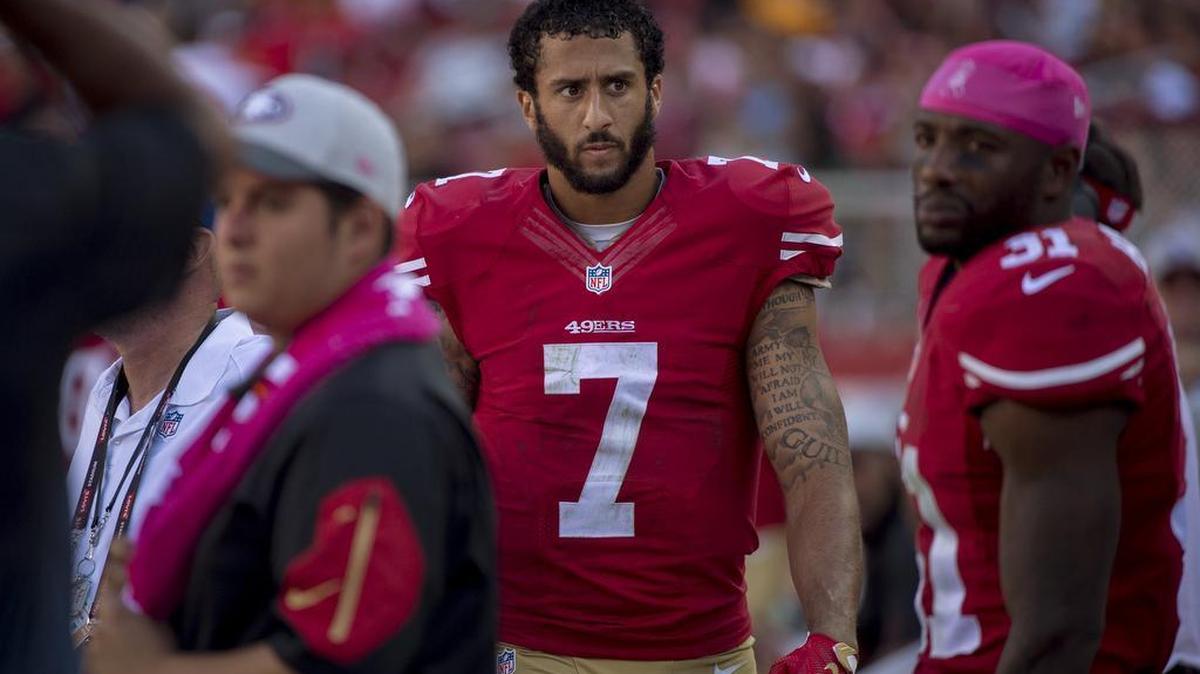 
San Francisco 49ers quarterback Colin Kaepernick (7) walks the sidelines before taking the field with seconds left in the fourth quarter in the NFL game between the San Francisco 49ers and Green Bay Packers on October 4, 2015 at Levi Stadium in Santa Clara.
