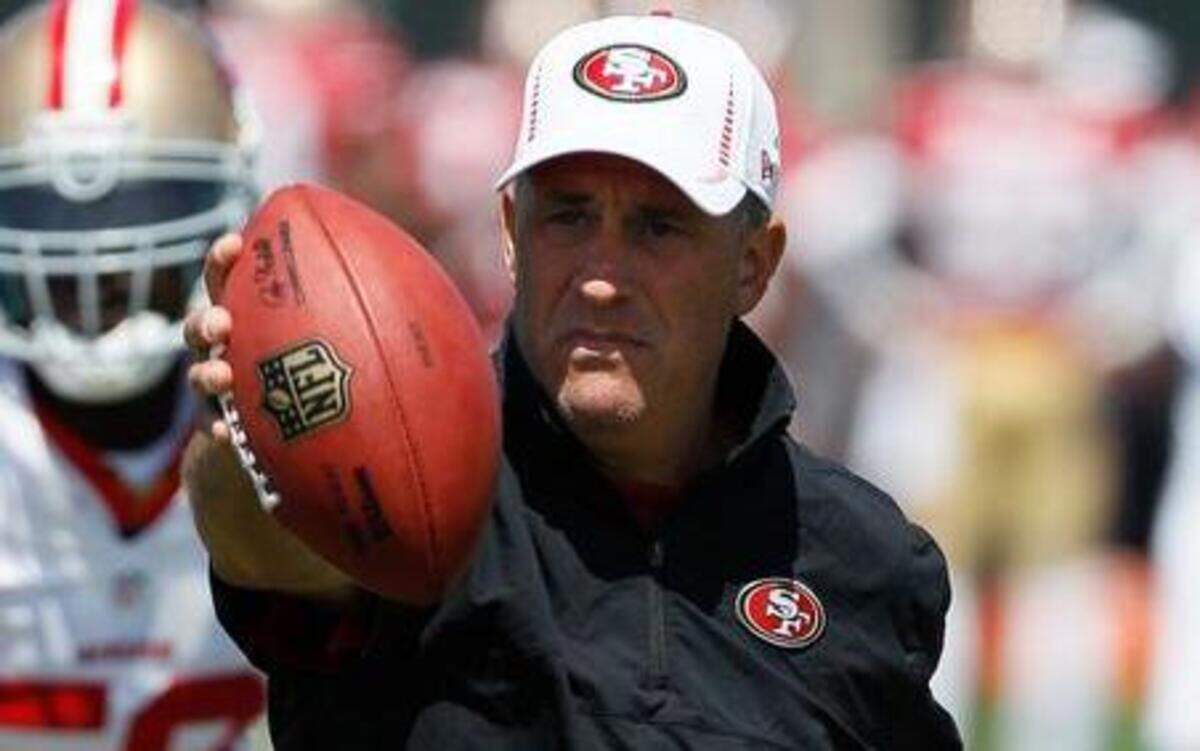 Defensive coordinator Vic Fangio leads a 49ers practice in 2012 in Santa Clara. “I’ve ... never been comfortable to be a self-promoter,” he said.