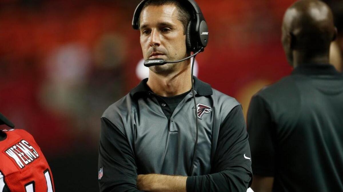 In this Sept. 3, 2015, file photo, Atlanta Falcons offensive coach Kyle Shanahan walks on the sidelines during the second half of an NFL football preseason game Baltimore Ravens, in Atlanta.