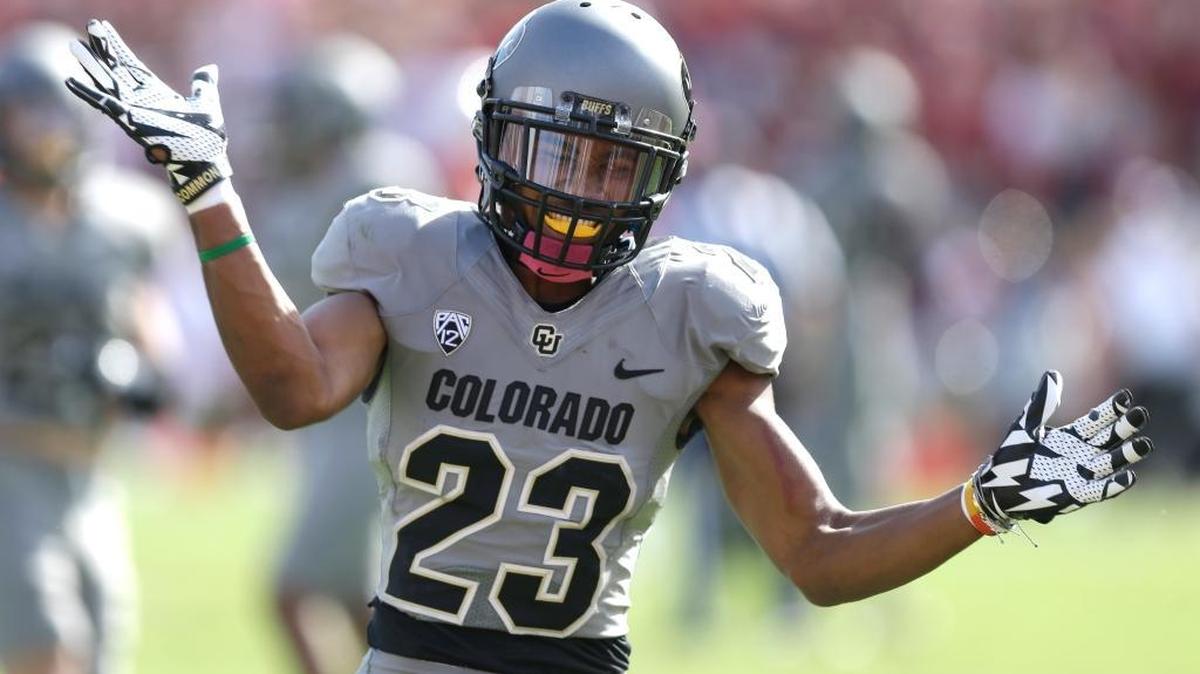 Colorado’s Ahkello Witherspoon celebrates after breaking up a pass against Stanford during the second half of an NCAA game Oct. 22 at Stanford.