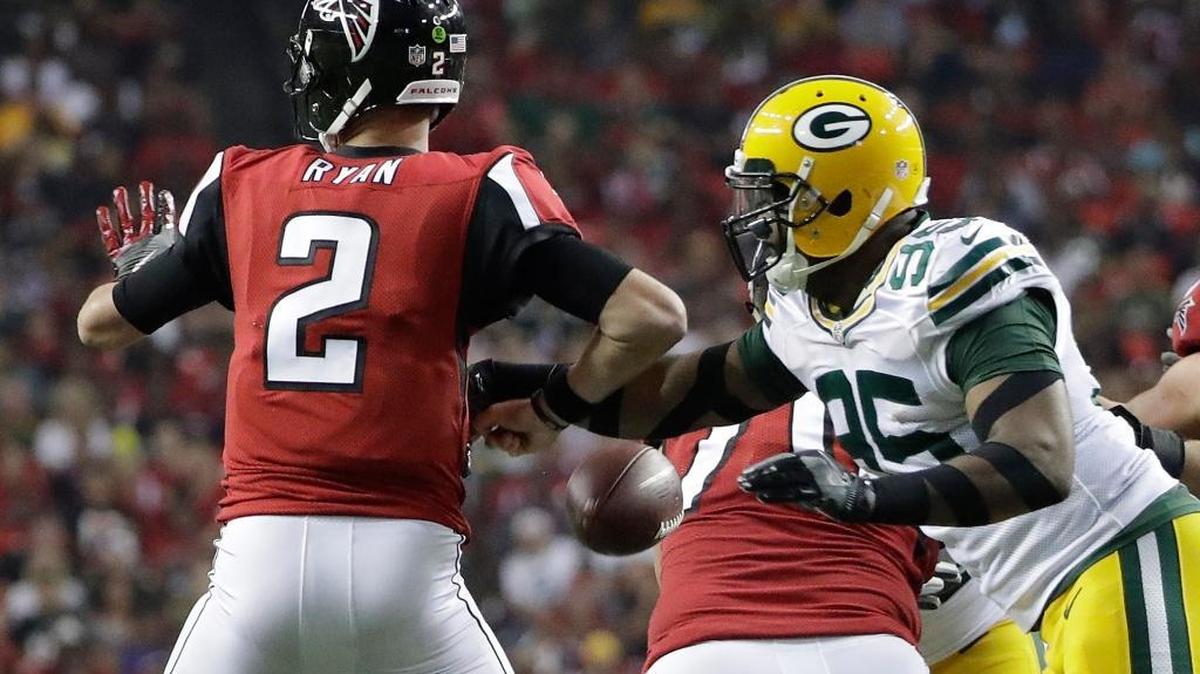 Green Bay Packers defensive end Datone Jones (95) hits Atlanta Falcons quarterback Matt Ryan (2) causing a fumble during the second of an NFL football game, Sunday, Oct. 30, 2016, in Atlanta. Atlanta Falcons recovered the ball.
