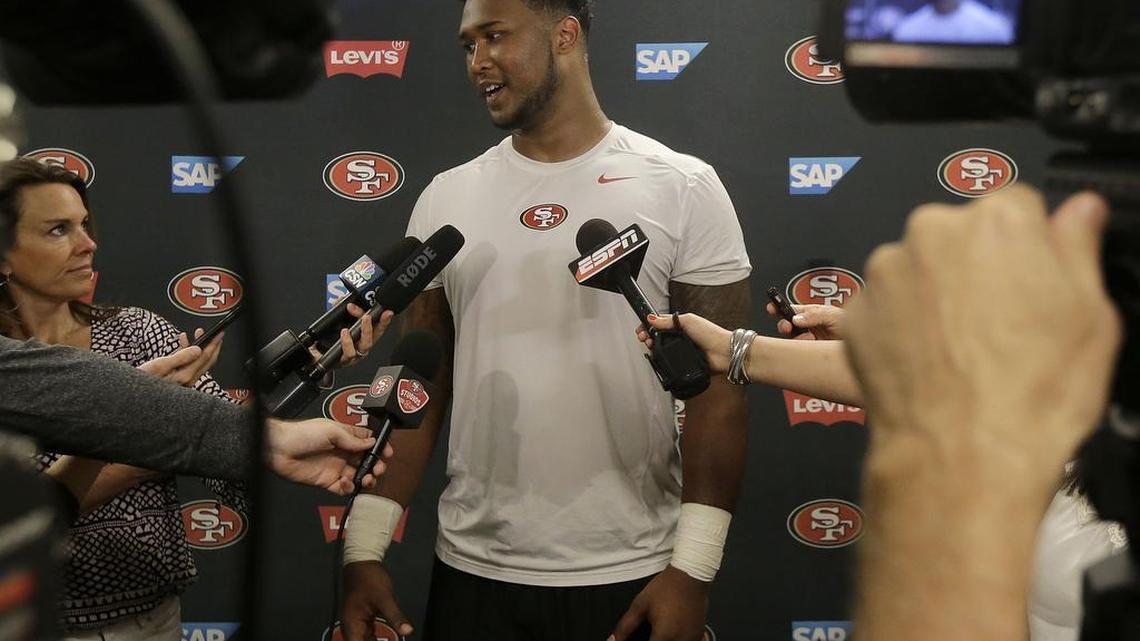 San Francisco 49ers' DeForest Buckner speaks after a team practice at an NFL football facility in Santa Clara, Calif., Tuesday, May 17, 2016.
