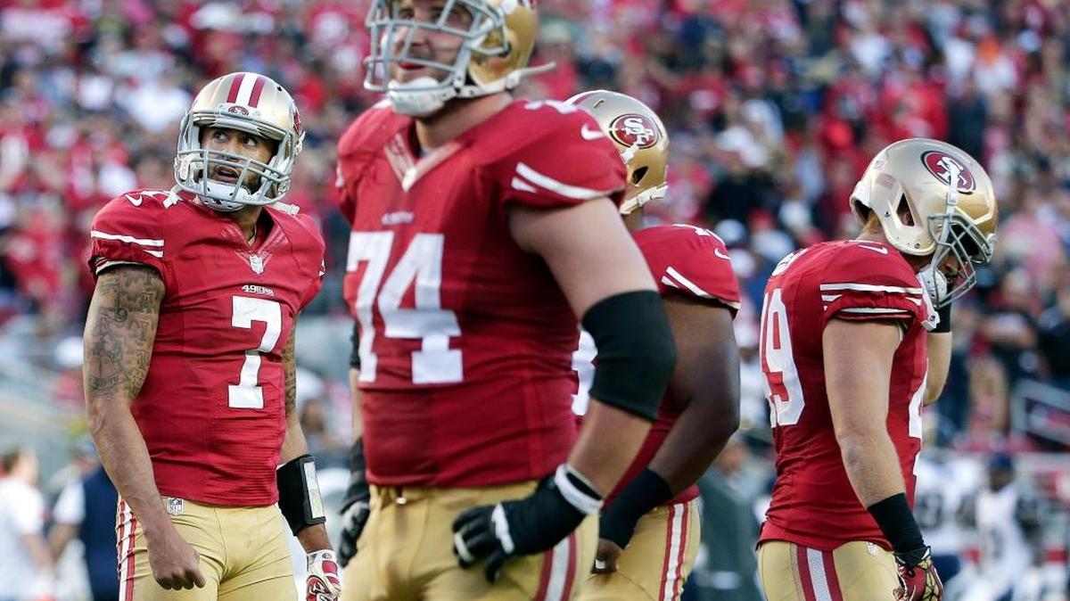 San Francisco 49ers quarterback Colin Kaepernick (7) and offensive tackle Joe Staley (74) react after Kaepernick lost a fumble against the St. Louis Rams during the fourth quarter of an NFL football game in Santa Clara, Calif., Sunday, Nov. 2, 2014. The Rams won 13-10.