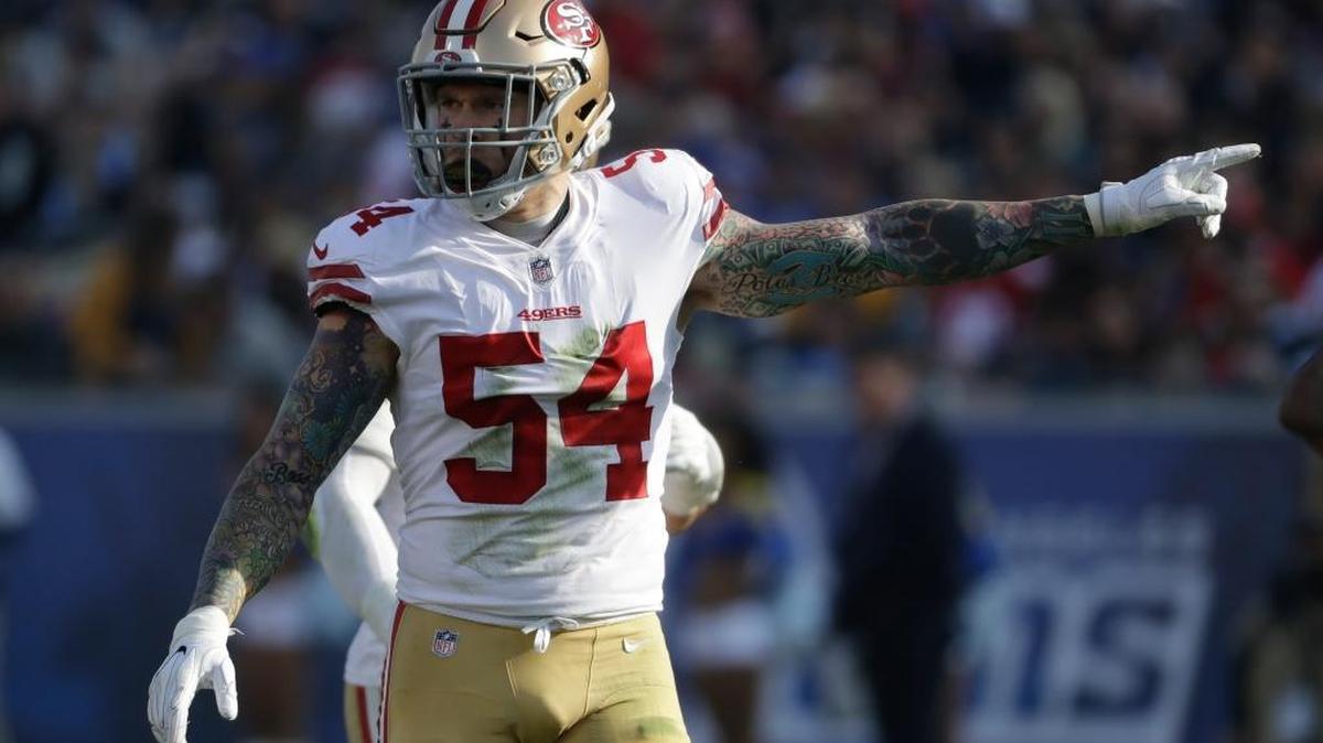 San Francisco 49ers defensive end Cassius Marsh (54) against the Los Angeles Rams during the first half of an NFL football game Sunday, Dec. 31, 2017, in Los Angeles.