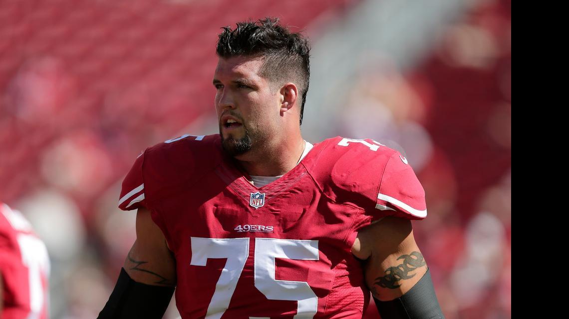 
San Francisco 49ers offensive tackle Alex Boone (75) warms up before an NFL football game against the Kansas City Chiefs in Santa Clara, Calif., Sunday, Oct. 5, 2014.
